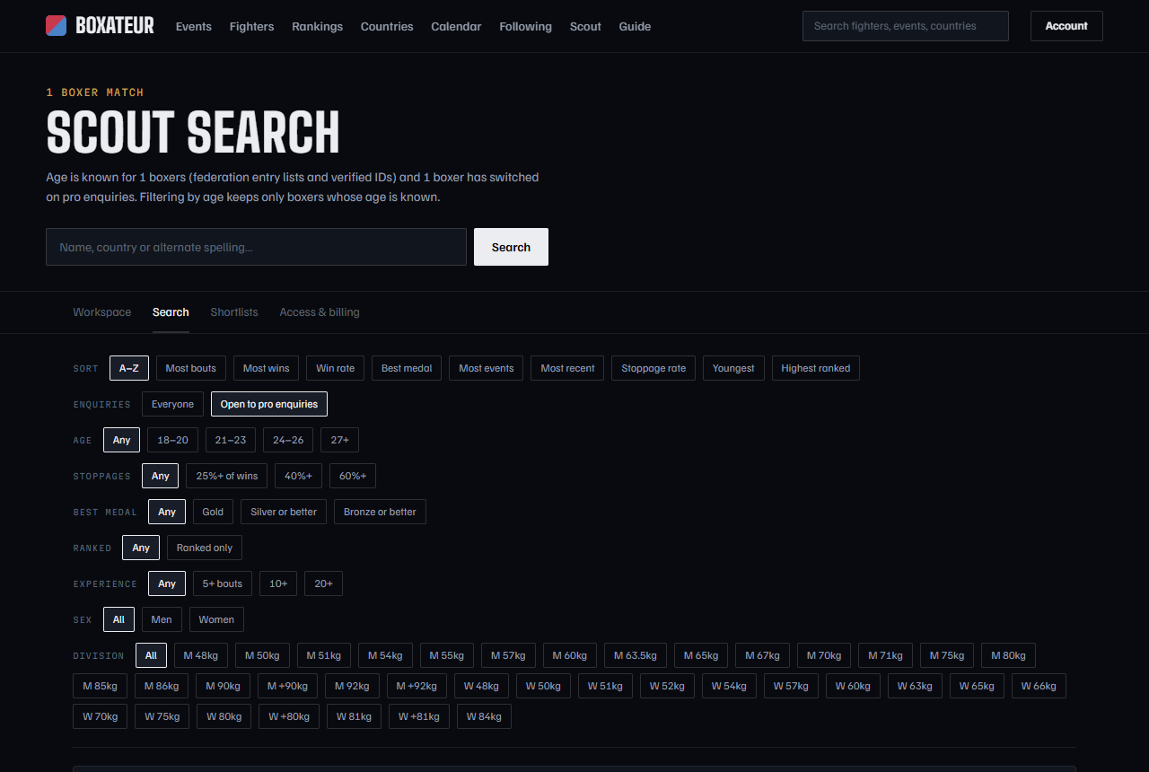 The scout search with its filters