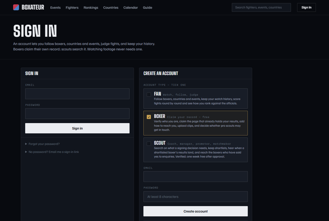 The create-account form with the Fan, Boxer and Scout boxes
