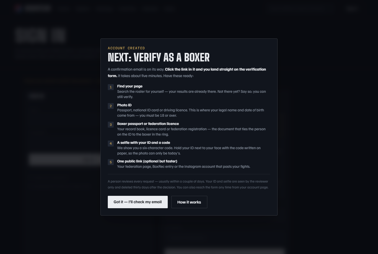 The popup shown after creating a boxer account